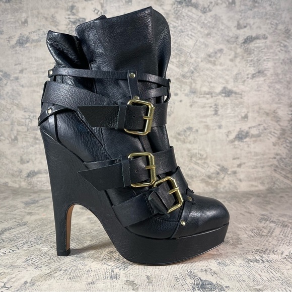 Dolce Vita bondage triple buckles and studs platform black leather ankle boots - Picture 1 of 13